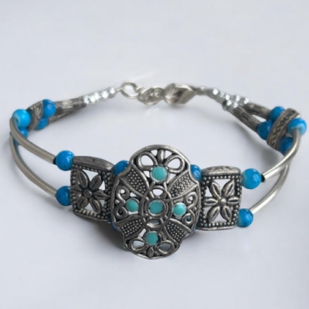 Vintage Silver Cuff Bracelet Handmade Hand Crafted Jewelry Blue Green Turquoise - Picture 5 of 16